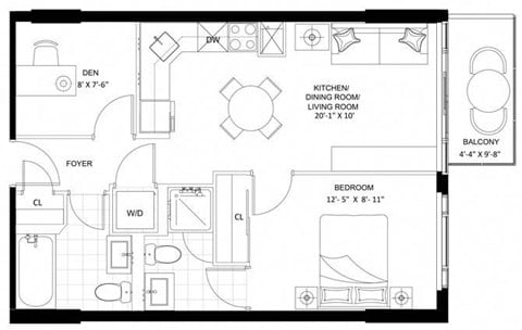 Floor plan for 1 bed, 2 baths, 589 sqft